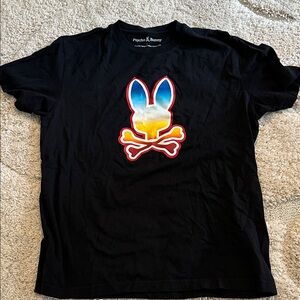 Psycho Bunny Black Tee with Blue-Yellow-Red Gradient Logo